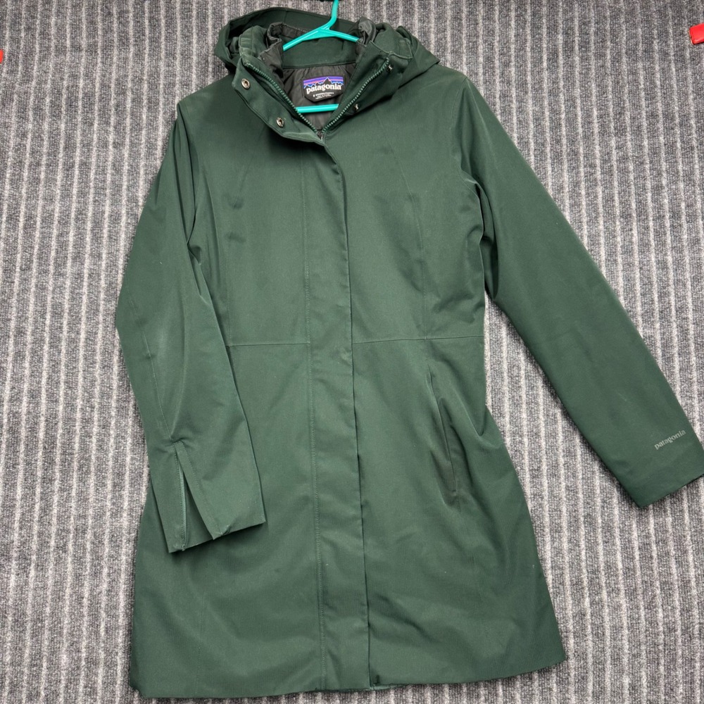 Patagonia Long Insulated Parka Small Green Excellent Hooded Down Recycled‎ 28439